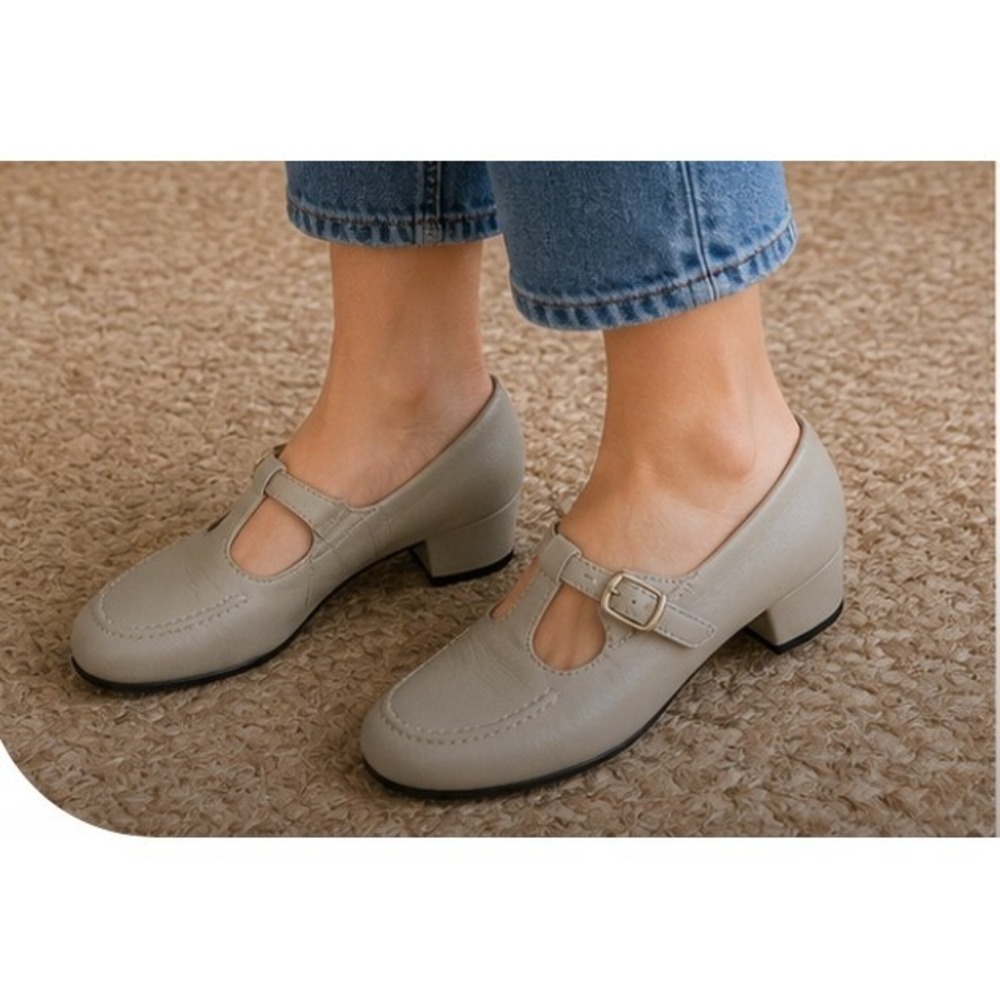 Grey Leather T-Strap Mary Jane Pumps Low Block Heel Round Toe Dress Shoes